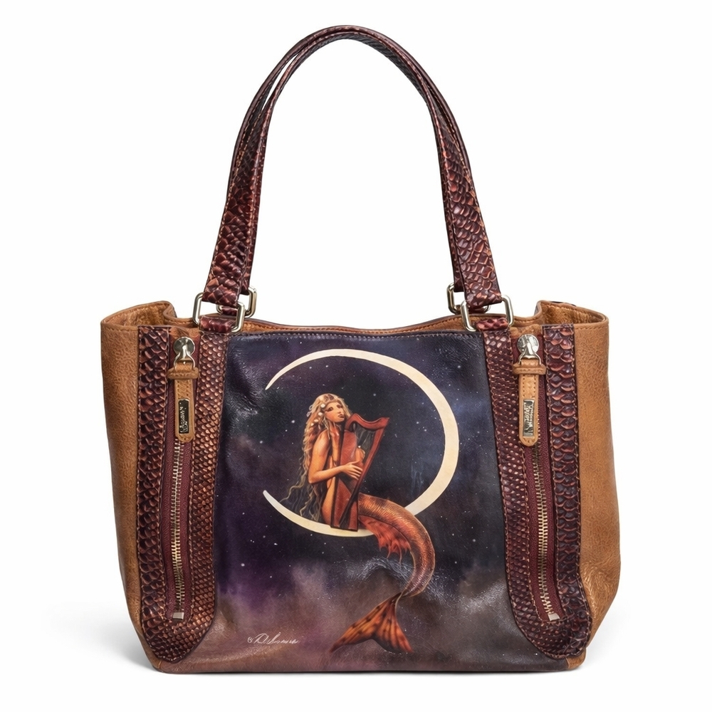 RARE FIND ♥︎ David Delamore • Mermaid on the Moon • Art Leather Tote Purse